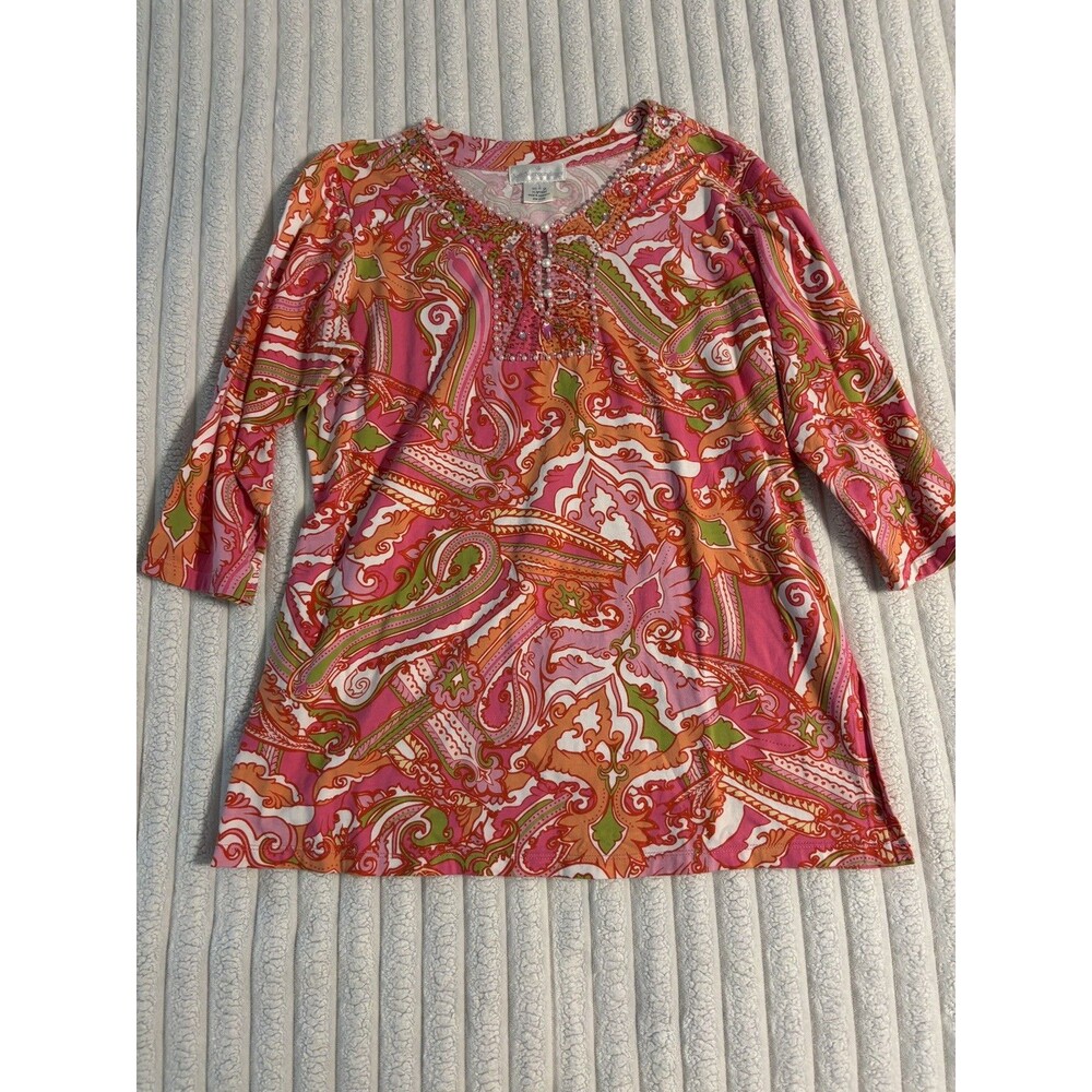 Soft Surroundings paisley Beaded Boho blouse Top Womens large pink orange